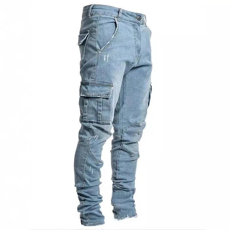 Men Street Elastic Denim Jeans Wash Solid Color Multi Pockets Cargo Pants Casual Slim Fit Daily Wear Joggers Mid Waist Trousers - MANDOTOS