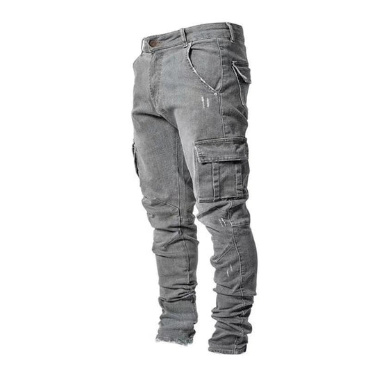 Men Street Elastic Denim Jeans Wash Solid Color Multi Pockets Cargo Pants Casual Slim Fit Daily Wear Joggers Mid Waist Trousers - MANDOTOS