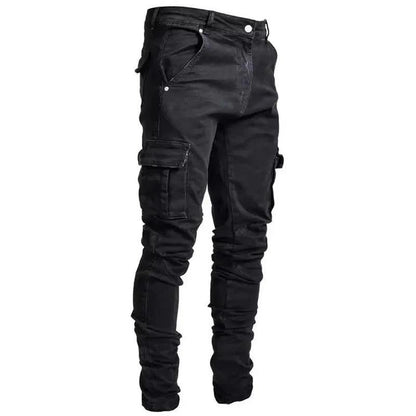 Men Street Elastic Denim Jeans Wash Solid Color Multi Pockets Cargo Pants Casual Slim Fit Daily Wear Joggers Mid Waist Trousers - MANDOTOS