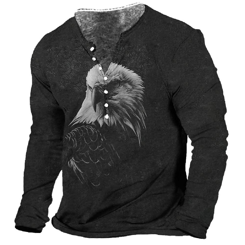 Men T-Shirt Henley Vintage Eagle Motorcycle Print Long Sleeve Daily Top Harajuku Streetwear Tee Men Seven Button  Pullover