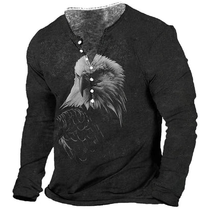 Men T-Shirt Henley Vintage Eagle Motorcycle Print Long Sleeve Daily Top Harajuku Streetwear Tee Men Seven Button  Pullover