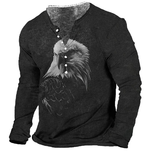 Men T-Shirt Henley Vintage Eagle Motorcycle Print Long Sleeve Daily Top Harajuku Streetwear Tee Men Seven Button  Pullover