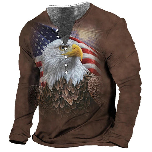 Men T-Shirt Henley Vintage Eagle Motorcycle Print Long Sleeve Daily Top Harajuku Streetwear Tee Men Seven Button  Pullover