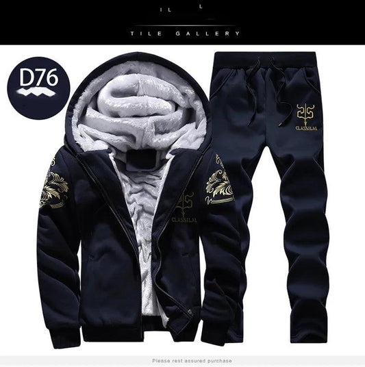 Men's autumn and winter sports set hooded casual cardigan jacket outdoor thickened warm sports shirt+pants two-piece set -