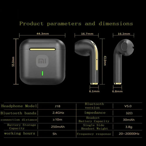 Xiaomi J18 true wireless earbuds with noise cancelling, HiFi stereo sound, in-ear design, microphone, and waterproof feature.