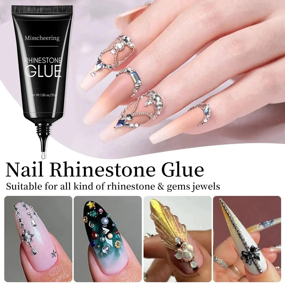 Mandotos 30g Misscheering nail rhinestone glue gel for 3D nail charms, clear adhesive for nail art and decoration.