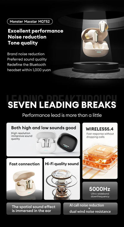 Monster MQT52 Wireless Bluetooth 5.4 Earphones Long Battery Life Gaming Headphones Dual Mode HIFI Stereo Sound Headset With Mic - MANDOTOS