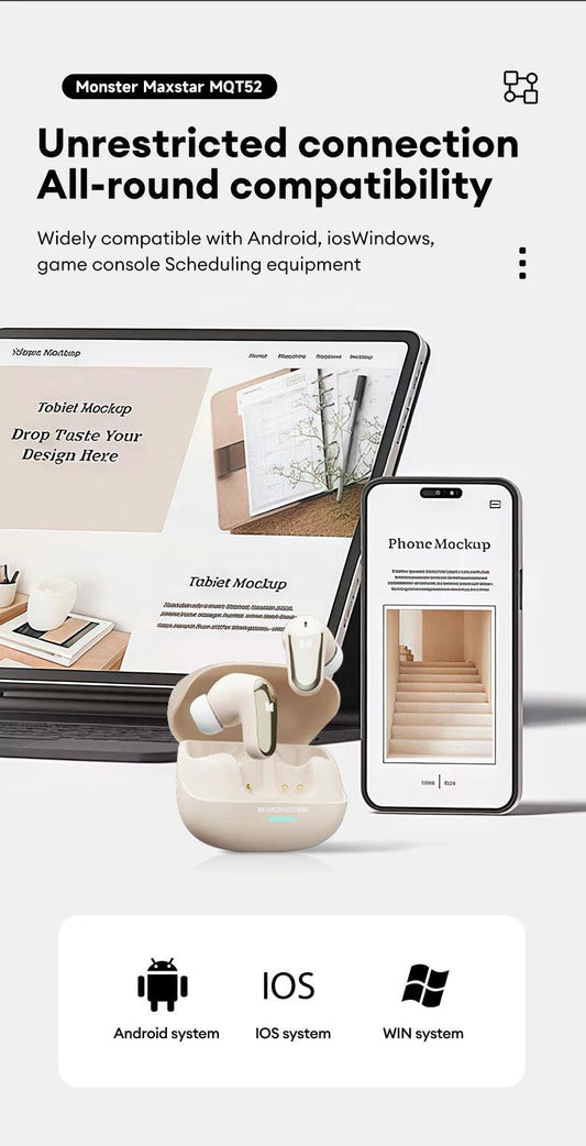 Monster MQT52 Wireless Bluetooth 5.4 Earphones Long Battery Life Gaming Headphones Dual Mode HIFI Stereo Sound Headset With Mic - MANDOTOS