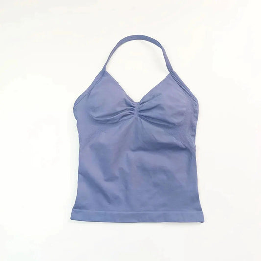 NCLAGEN Impact Longline Strappy Sports Yoga Top for women, open-back fitness tank with halter style, ideal for gym and running workouts.