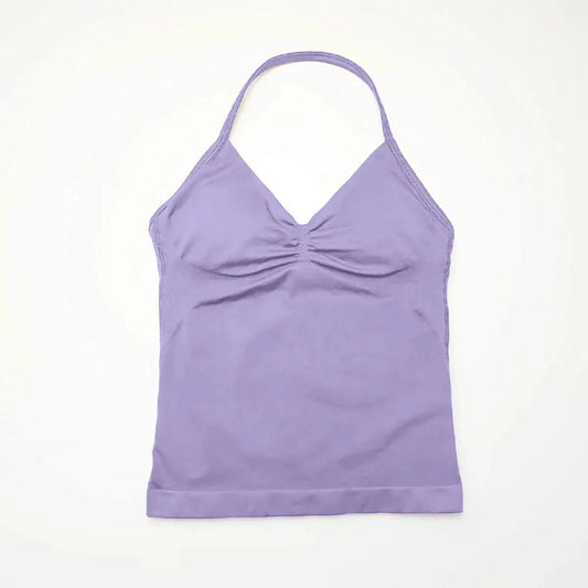 NCLAGEN Impact longline strappy sports yoga vest for women with open back and halter design, ideal for running and gym workouts.