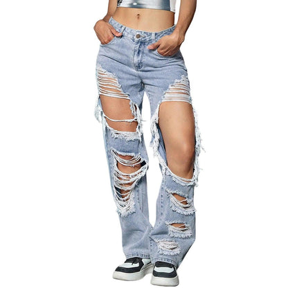 New Hole Ripped Jeans Women Booty Lifting Jeans Street Hip Hop Straight Leg Jeans Women'S Pants Korean Reviews Many Clothes - MANDOTOS