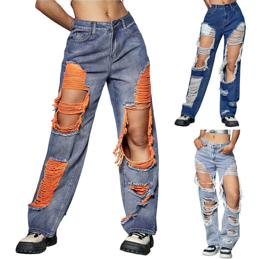 New Hole Ripped Jeans Women Booty Lifting Jeans Street Hip Hop Straight Leg Jeans Women'S Pants Korean Reviews Many Clothes - MANDOTOS