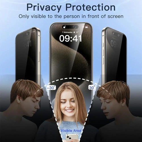 Anti-spy glass and privacy screen protector for iPhone 16, 15, 14, 13 Pro Max with camera protection by NHIPPLN.