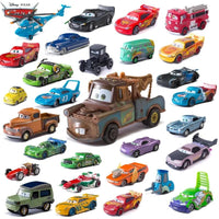 Disney Pixar Cars 1:55 diecast metal alloy toy car set featuring Lightning McQueen, Mater, Jackson Storm, and The King.