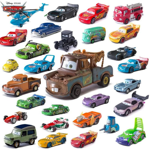 Disney Pixar Cars 1:55 diecast metal alloy toy car set featuring Lightning McQueen, Mater, Jackson Storm, and The King.