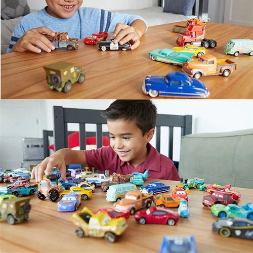 Disney Pixar Cars 1:55 diecast toy car set featuring Lightning McQueen, Mater, Jackson Storm, and The King in metal alloy.