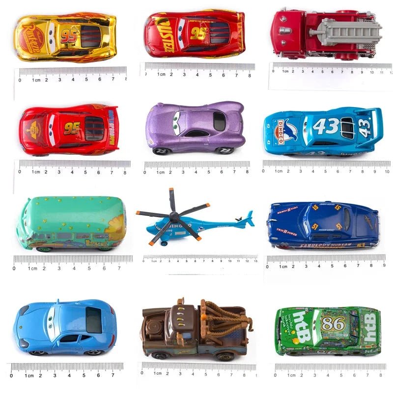 Disney Pixar Cars 1:55 diecast toy car set featuring Lightning McQueen, Mater, Jackson Storm, and The King in metal alloy.