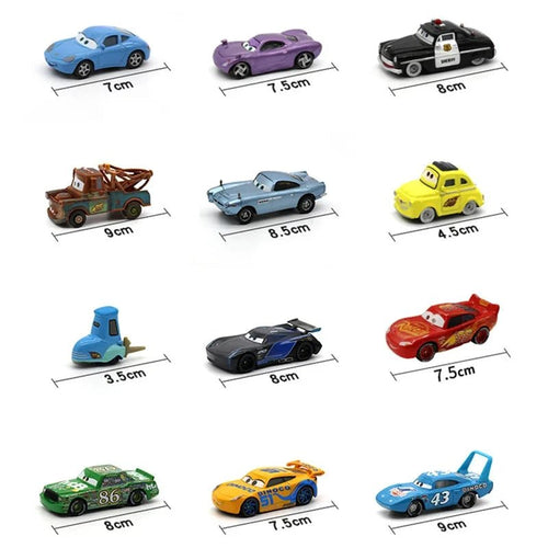 Disney Pixar Cars 1:55 metal alloy diecast toy car set featuring Lightning McQueen, Mater, Jackson Storm, and The King.