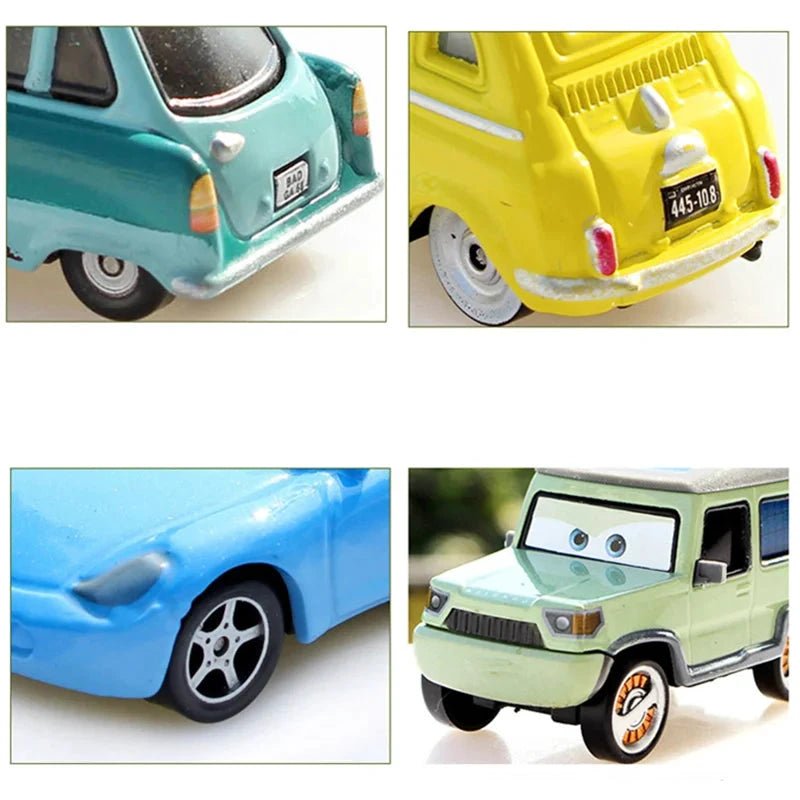 Set of Disney Pixar Cars 1:55 diecast toy cars including Lightning McQueen, Mater, Jackson Storm, and The King in metal alloy.
