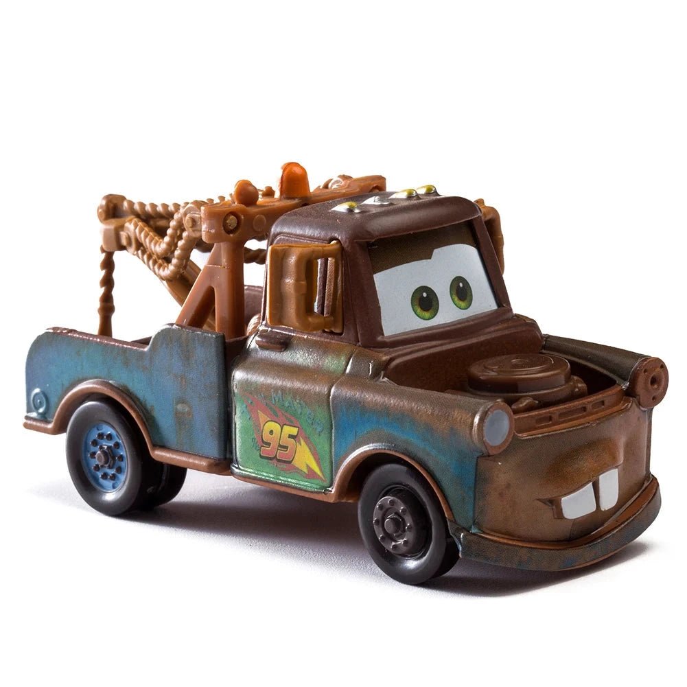 Disney Pixar Cars 1:55 diecast toy car set with Lightning McQueen, Mater, Jackson Storm, and The King in metal alloy finishes.