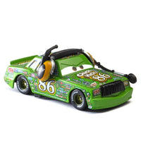 Disney Pixar Cars 1:55 diecast toy car set featuring Lightning McQueen, Mater, Jackson Storm, and The King in metal alloy.