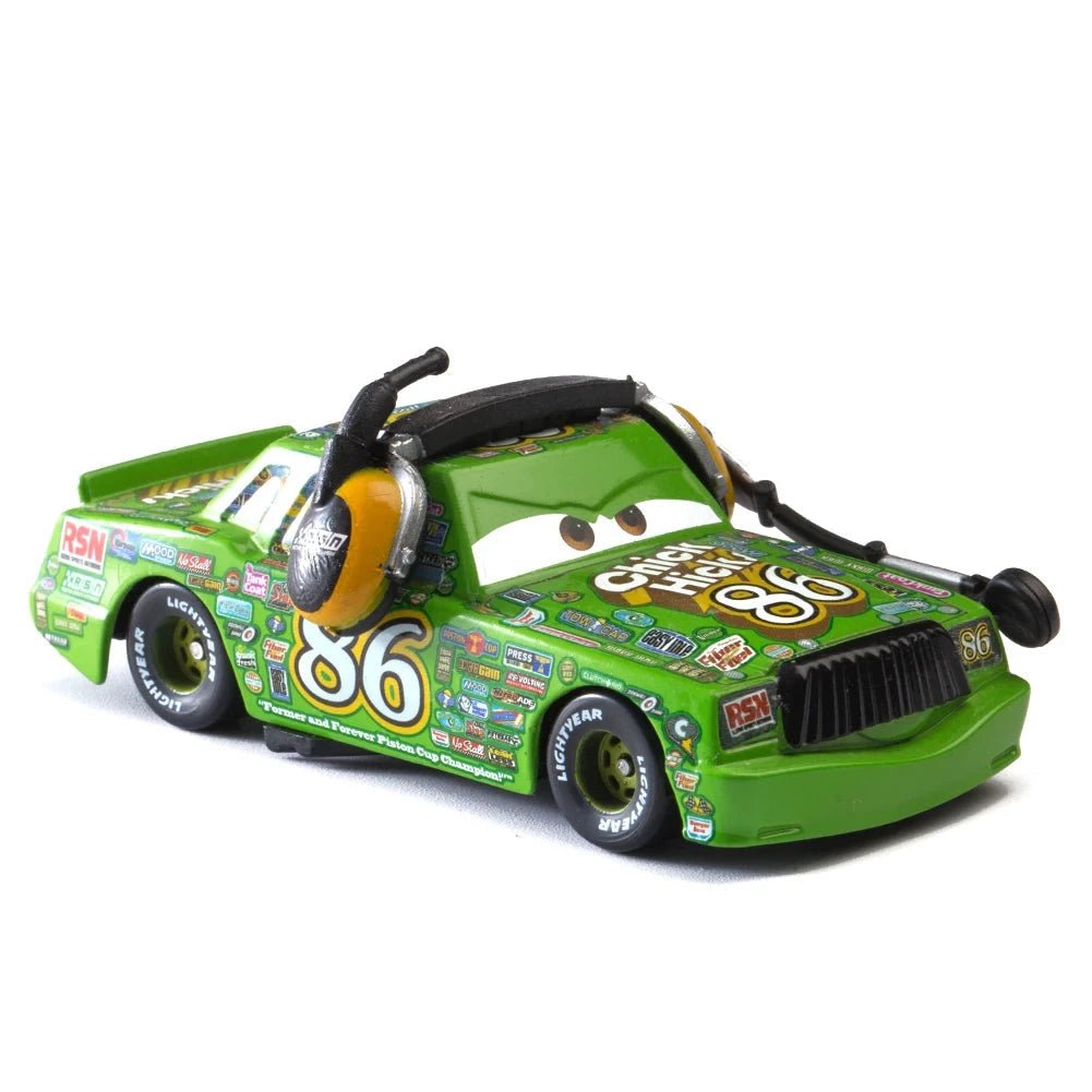 Disney Pixar Cars 1:55 diecast toy car set featuring Lightning McQueen, Mater, Jackson Storm, and The King in metal alloy.