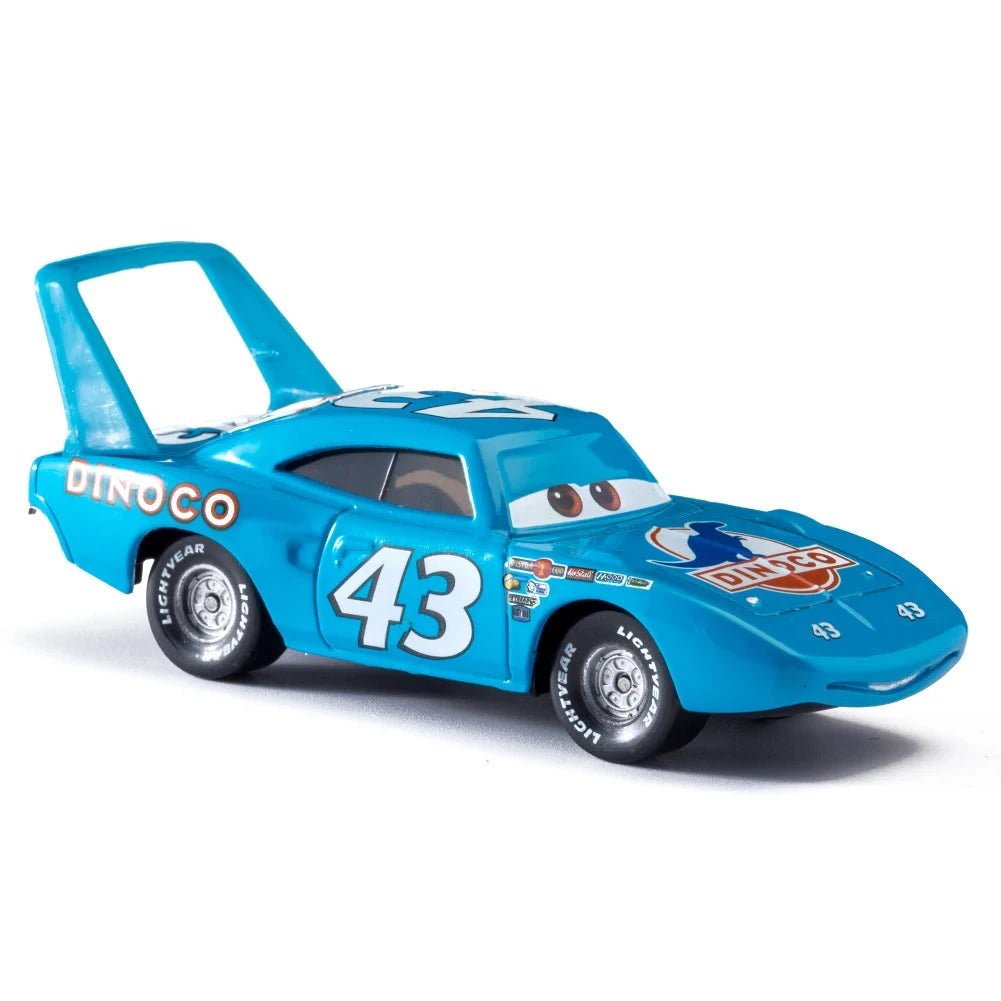 Disney Pixar Cars 1:55 diecast toy car set featuring Lightning McQueen, Mater, Jackson Storm, and The King in metal alloy.