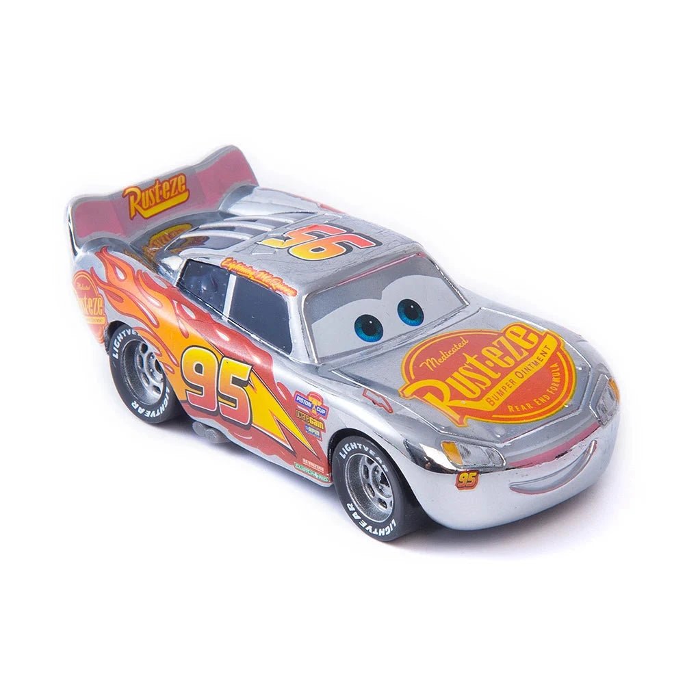 Disney Pixar Cars 1:55 diecast toy car set featuring Lightning McQueen, Mater, Jackson Storm, and The King in metal alloy.