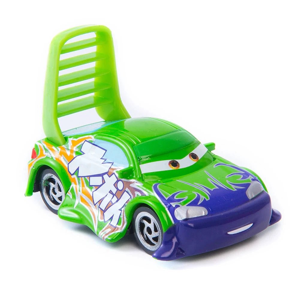 Disney Pixar Cars 1:55 diecast toy car set featuring Lightning McQueen, Mater, Jackson Storm, and The King in metal alloy.