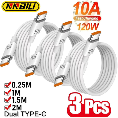 NNBILI 3-pack universal 120W fast charger cables with dual Type-C connectors for iPhone 15, Samsung, Huawei fast charging.
