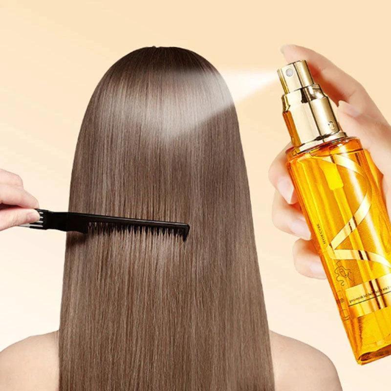 Spray bottle of Perfume Soft Hair Care Oil, a nourishing anti-static spray for frizz-free, hydrated hair.