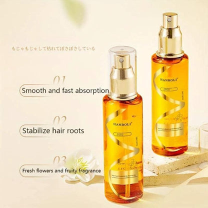 Perfume Soft Hair Care Oil bottle showing nourishing anti-static spray for frizz-free, hydrated hair, with sleek packaging and spray nozzle.