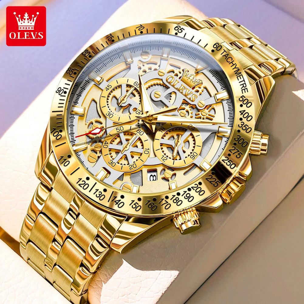 OLEVS Lxuxry Brand Gold Men's Watches Full Skeleton Stainless steel Chronograph Wristwatch Waterproof Luminous Quartz Watch Men - MANDOTOS