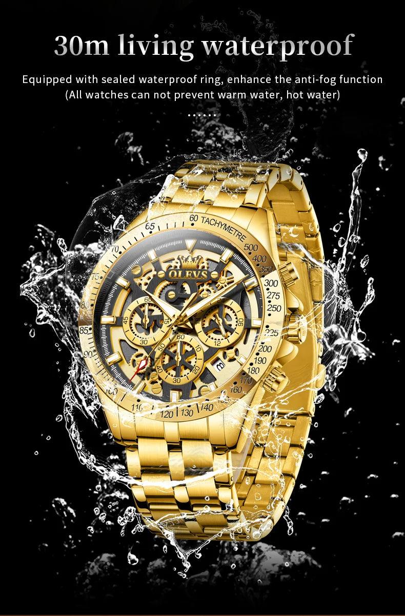 OLEVS Lxuxry Brand Gold Men's Watches Full Skeleton Stainless steel Chronograph Wristwatch Waterproof Luminous Quartz Watch Men - MANDOTOS