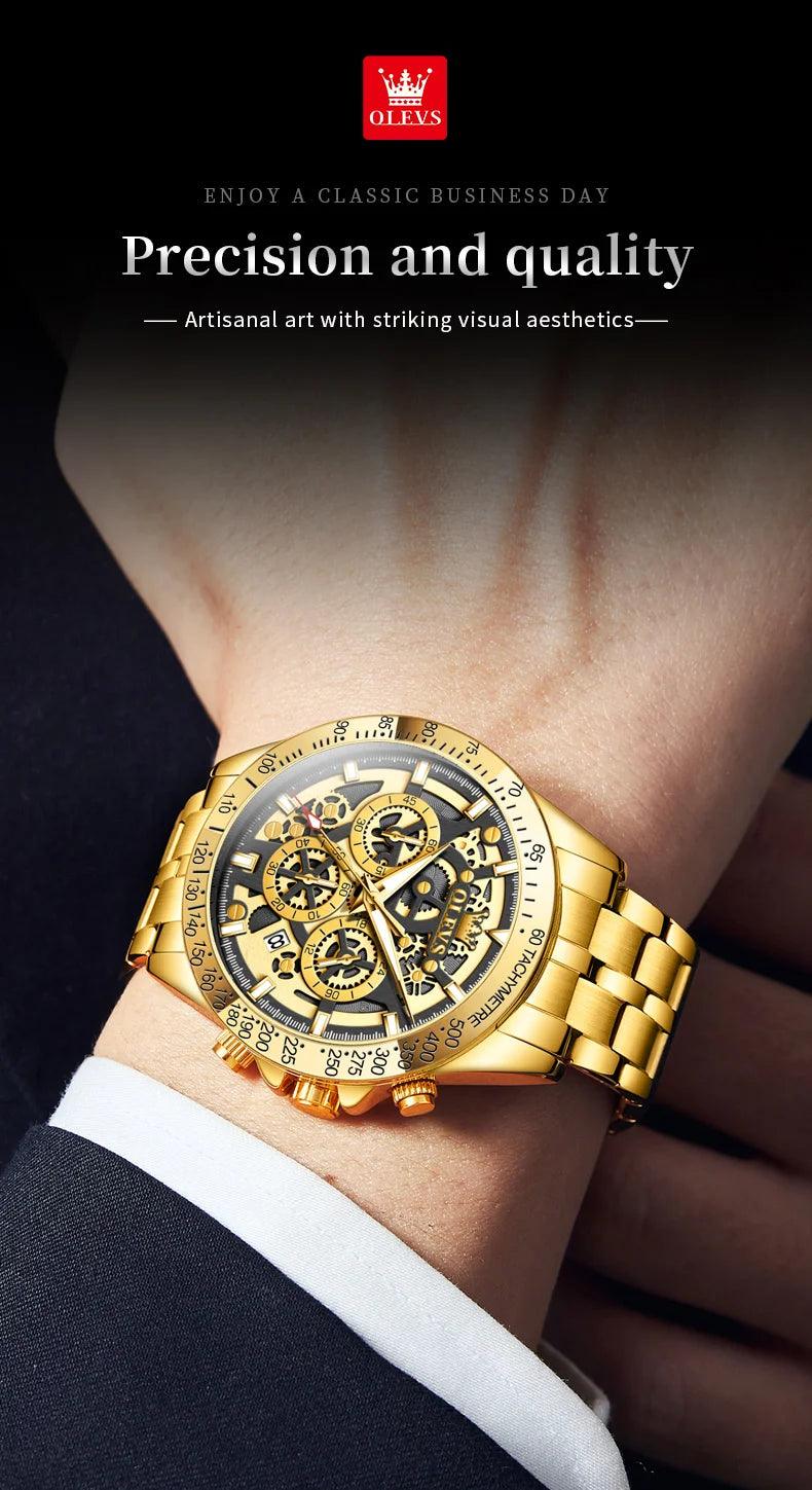 OLEVS Lxuxry Brand Gold Men's Watches Full Skeleton Stainless steel Chronograph Wristwatch Waterproof Luminous Quartz Watch Men - MANDOTOS