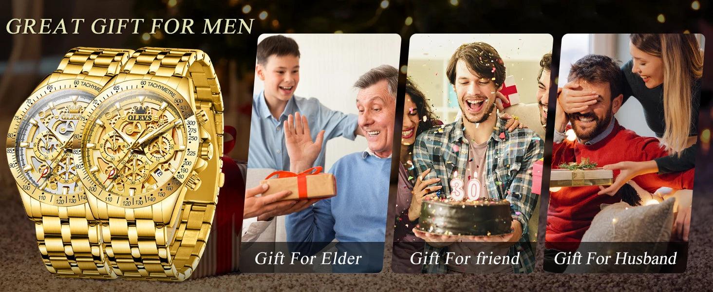 OLEVS Lxuxry Brand Gold Men's Watches Full Skeleton Stainless steel Chronograph Wristwatch Waterproof Luminous Quartz Watch Men - MANDOTOS