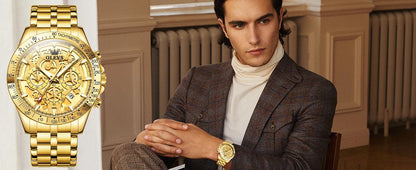 OLEVS Lxuxry Brand Gold Men's Watches Full Skeleton Stainless steel Chronograph Wristwatch Waterproof Luminous Quartz Watch Men - MANDOTOS