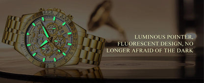 OLEVS Lxuxry Brand Gold Men's Watches Full Skeleton Stainless steel Chronograph Wristwatch Waterproof Luminous Quartz Watch Men - MANDOTOS