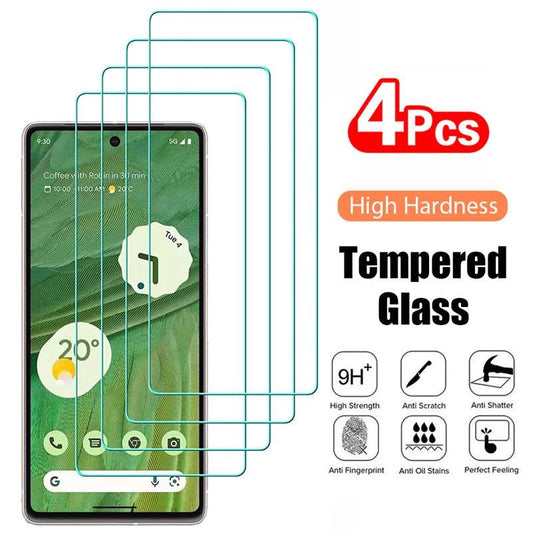 PixelGuard 4-pack tempered glass screen protectors with 9H impact protection for Google Pixel phones, shown on multiple device models.