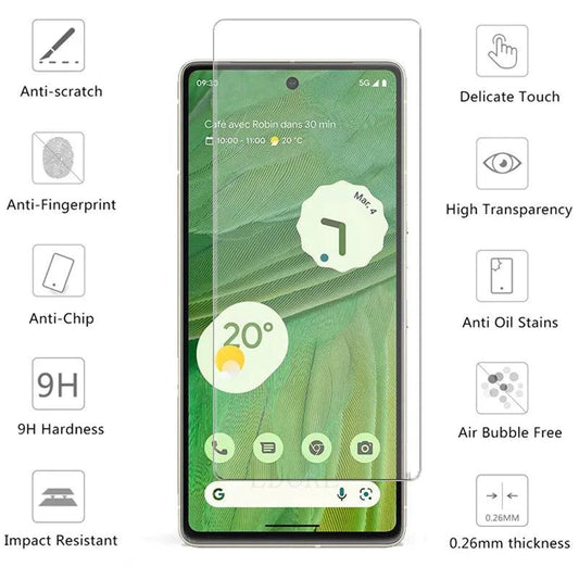 Four PixelGuard tempered glass screen protectors for Google Pixel phones, featuring 9H impact protection.