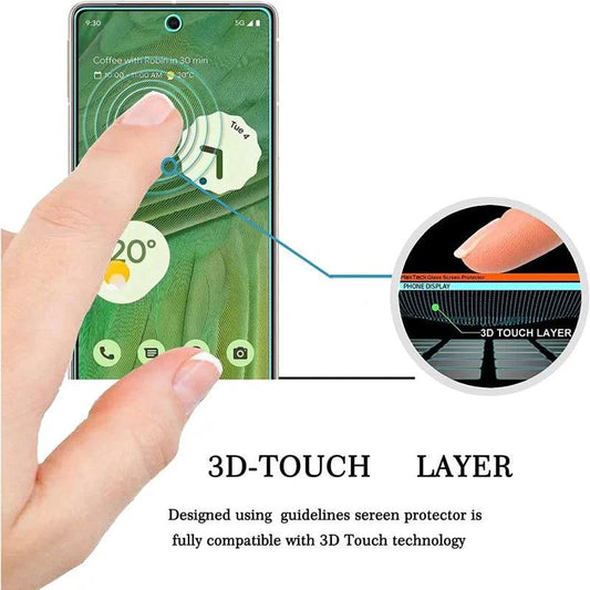 PixelGuard 4-pack tempered glass screen protectors with 9H impact protection for Google Pixel phones, shown on a smartphone screen.