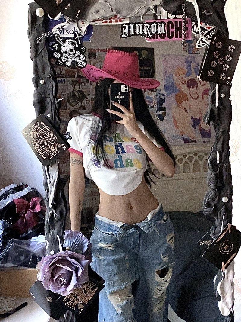 Plus Size American High Street Wide Leg Ripped Denim Women's Summer Retro High Waist Straight-leg Loose Mop Pants Pants - MANDOTOS