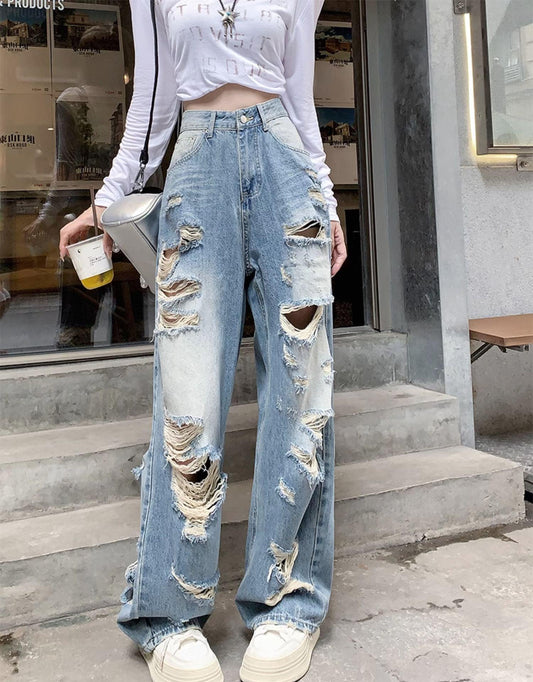 Plus Size American Hole Plus Size Ladies High Waist Straight-leg Denim - MANDOTOS