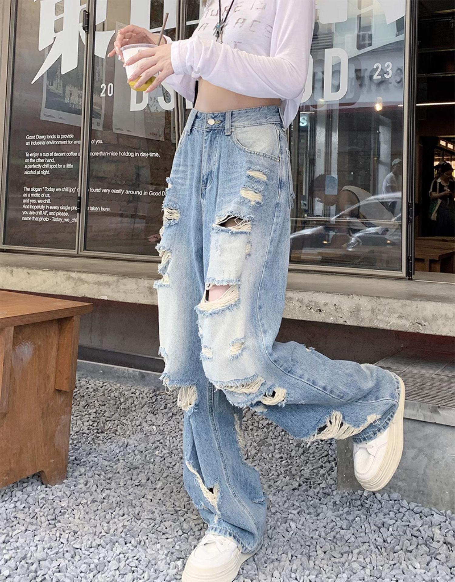 Plus Size American Hole Plus Size Ladies High Waist Straight-leg Denim - MANDOTOS