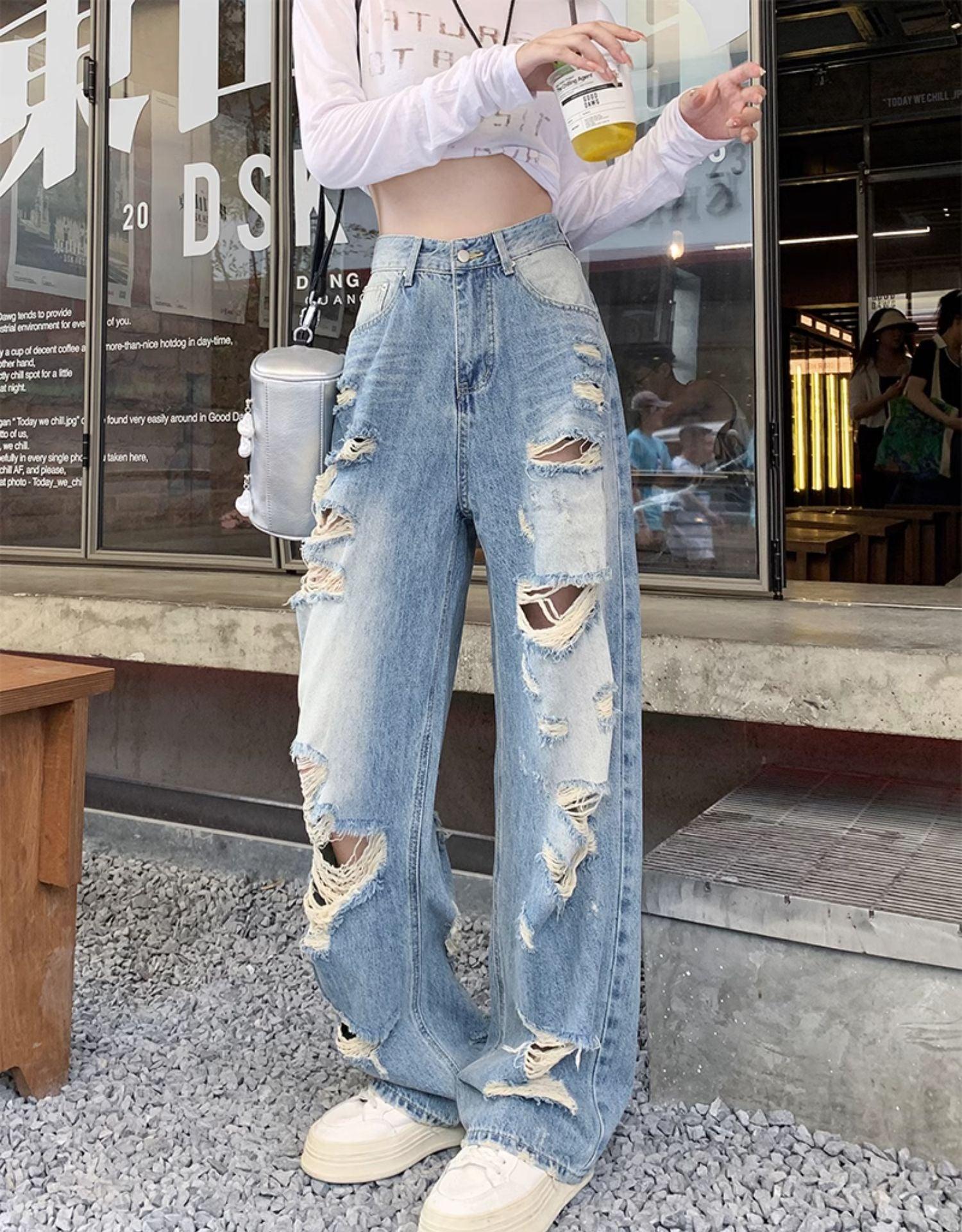 Plus Size American Hole Plus Size Ladies High Waist Straight-leg Denim - MANDOTOS