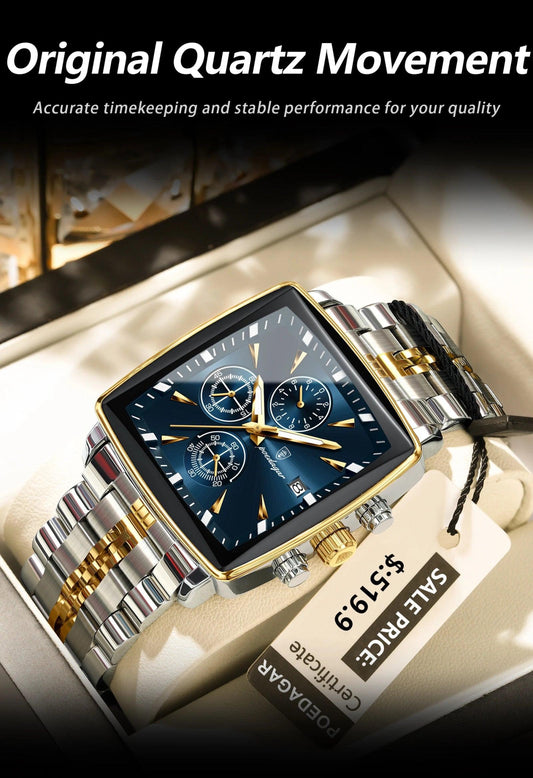 POEDAGAR Fashion Men Watch Luminous Waterproof Chronograph Date Man Wristwatch Square Stainless Steel Quartz Men's Watches Reloj - MANDOTOS