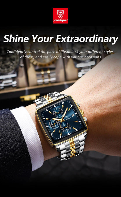 POEDAGAR Fashion Men Watch Luminous Waterproof Chronograph Date Man Wristwatch Square Stainless Steel Quartz Men's Watches Reloj - MANDOTOS