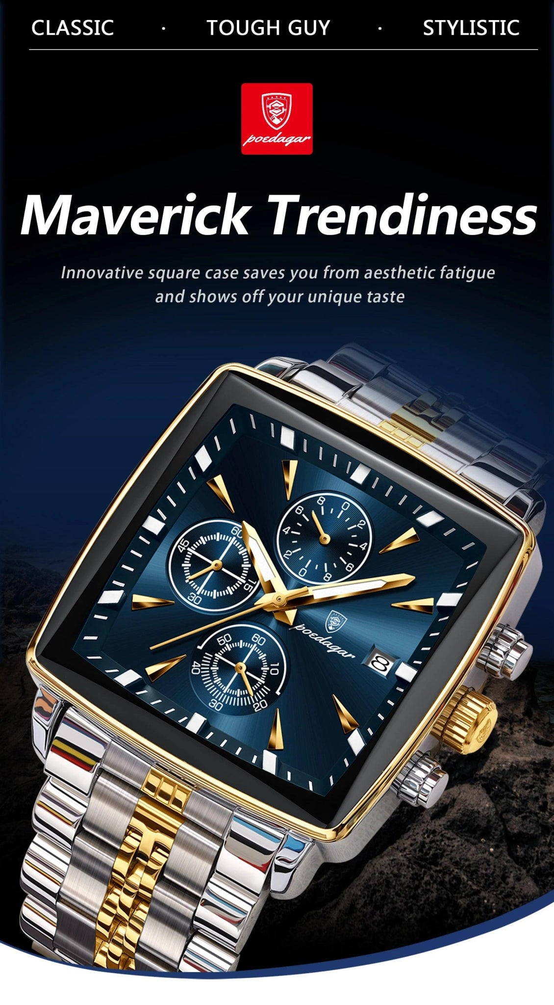 POEDAGAR Fashion Men Watch Luminous Waterproof Chronograph Date Man Wristwatch Square Stainless Steel Quartz Men's Watches Reloj - MANDOTOS