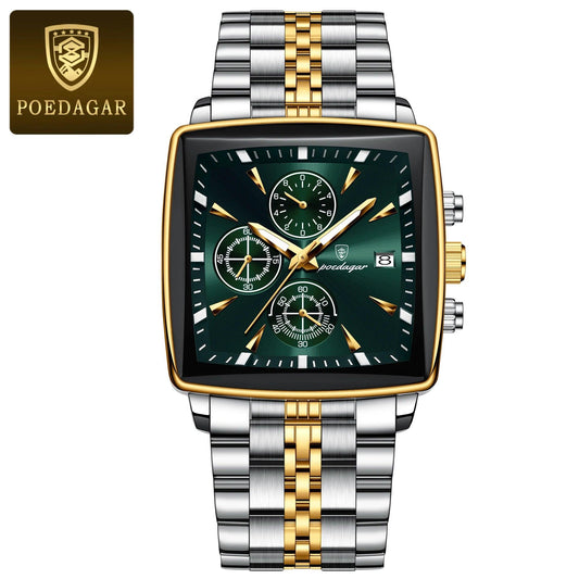 POEDAGAR Fashion Men Watch Luminous Waterproof Chronograph Date Man Wristwatch Square Stainless Steel Quartz Men's Watches Reloj - MANDOTOS