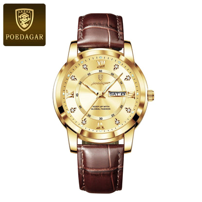 POEDAGAR Luxury Business Men Watch Waterproof Luminous Week Date Man Wristwatch High Quality Leather Sports Men's Quartz Watches - MANDOTOS